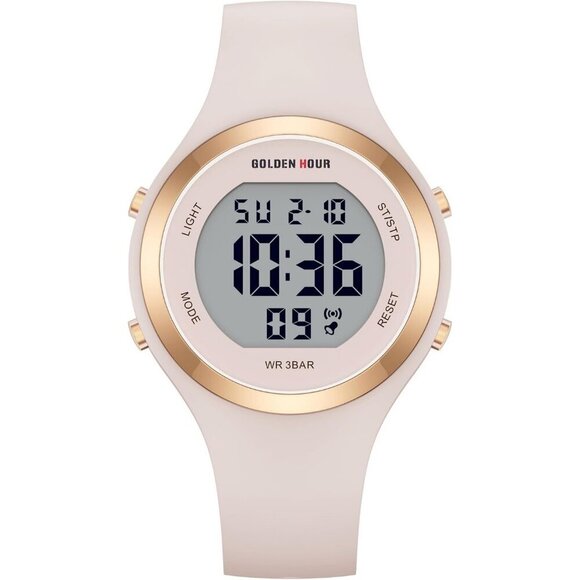 Women\'s Pink Sand Silicone Digital Gold Bezel Water-Resistant Alarm Stop Watch main image 4